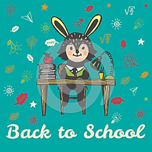 Back to school hand drawn doodle card with Bunny student