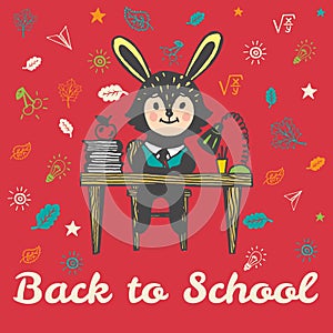 Back to school hand drawn doodle card with Bunny student