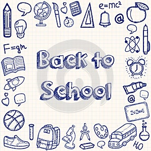 Back to school hand drawn doodles background. Education concept. Hand drawn school supplies. Vector