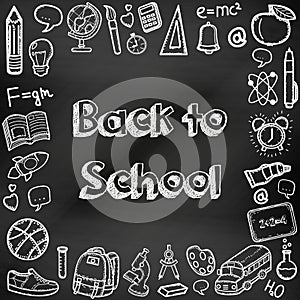 Back to school hand drawn doodles on a chalkboard. Education background. Hand drawn school supplies. Vector