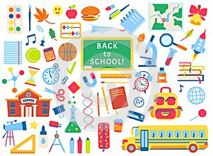 Back to school hand drawn elements, school supplies doodles. Books, notebooks, chalkboard. Children school education