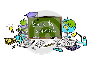 Back to school, hand drawn set color sketch, doodle,