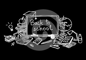 Back to school, hand drawn set color sketch, doodle, vector. Chalk board style.