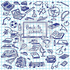 Back to school, hand drawn silhouettes on squared paper, sketch, doodle,