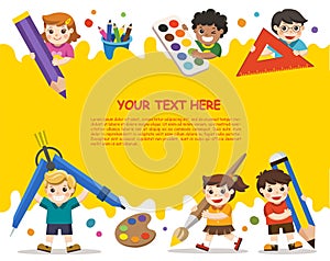 Back to School. Happy school kids with elements of school. Template for advertising brochure. Children look up with interest.