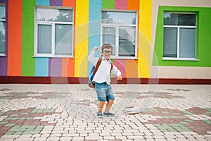 Back to school. Happy smiling boy in glasses is going to school for the first time. Child with backpack and book