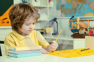 Back to school. Happy smiling pupil drawing at the desk. Portrait of Pupil in classroom. Individual teaching. Individual