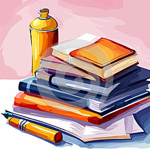 Back to school, High books stack on white background closeup. Sketch handmade.