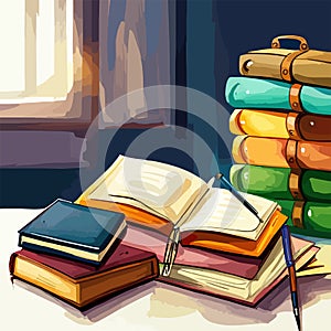 Back to school, High books stack on white background closeup. Sketch handmade.