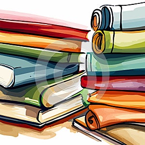 Back to school, High books stack on white background closeup. Sketch handmade.