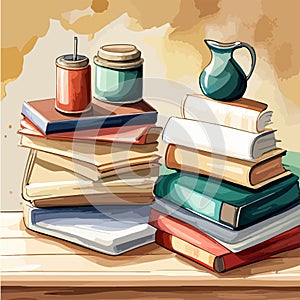 Back to school, High books stack on white background closeup. Sketch handmade.