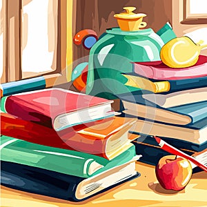 Back to school, High books stack on white background closeup. Sketch handmade.