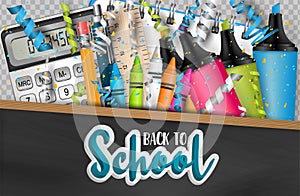 Back to school high quality background with blackboard in a wooden frame and falling confetti and ringlets photo