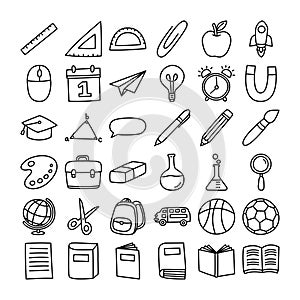 Back to school icon set doodle style. Education hand drawn objects and symbols with thin line