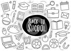 Back to school icon set doodle style. Education hand drawn objects and symbols with thin line