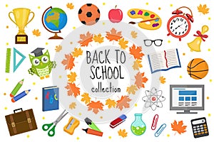 Back to school icon set, flat, cartoon style. Education collection of design elements with stationery, pencil, pen