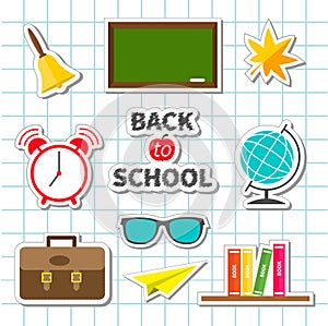 Back to school icon set Green board, bell, alarm