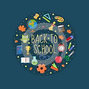 Back to school icon set in round shape, flat, cartoon style. Education collection of design elements with stationery