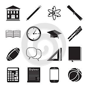 Back to School icon vector set, school building, pen, pensil, sport items, diploma and graduation cap icons, isolated silhouets photo