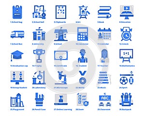 Back to School Icons Blue Color  Vector Illustration ,school bus, distance education, online learning, student