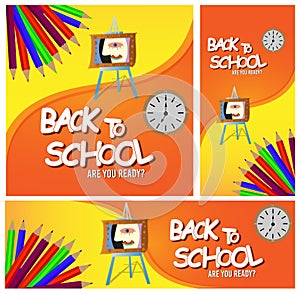 Back to school illustration for banners, flyer and brochure with clock, colours and borad. cartoonic typography vector illusration photo