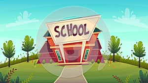 Back to school illustration . building street education fasade cartoon funny happy style . vector illustration