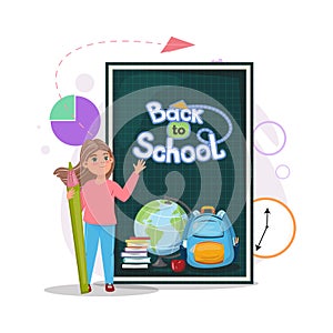 Back to School illustration with a cute girl standing with a big pencil next to the green grid school board photo