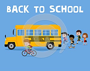 Back to school illustration: happy cartoon kids running to the yellow bus