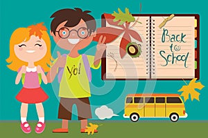 Back to school illustration with kids and bus