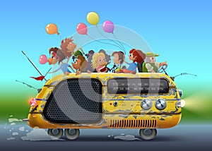 Back to School illustration with kids in yellow bus as radio drawing art in vector. Students and children go to college