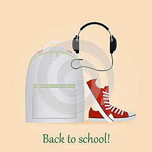 Back to school. Image with backpack,sneakers and headphone.