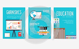 Back to school information cards set. Student template of flyear, magazines, posters, book cover, banners. College