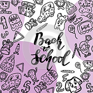 Back to school ink splash background with hand drawn doodles. Lettering for banners, posters, flyers.