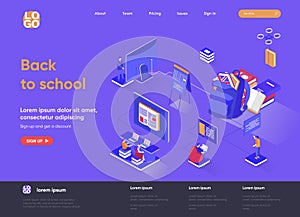 Back to school isometric landing page. Elementary and high schools education isometry concept. Distance education program, online