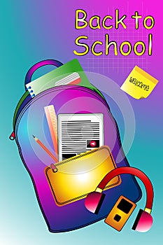 Back to school, items, school supplies with backpack, vector cartoon illustration poster, banner, design