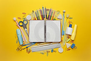 Back to school, items on yellow background. Welcome to learning. Sale accessories for knowledge, retail. Study shopping. Copy
