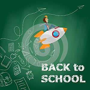 Back to school kid riding a rocket, chalk on blackboard. Sketchy doodle style scribble, vector illustration.