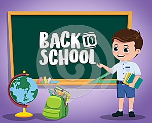 Back to school kid vector character design. Back to school text in chalkboard.