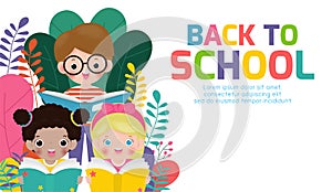 Back to school, kids reading book , education concept, Template for advertising brochure, your text,Kids and frame,child and frame