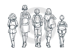 Back to school. Kids schoolchildren with backpacks going to lessons. Vector hand drawn sketch back view illustration