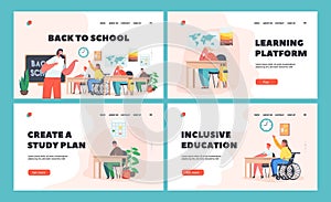 Back to School Landing Page Template Set. Children with Disabilities Study, Handicapped Kids Characters on Lesson