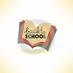 Back to school, lettering composition with image of open book ba