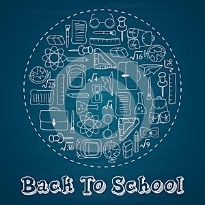 Back to school lettering in doodle circle on blue chalkboard background