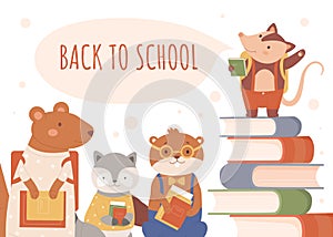 Back to school lettering, education concept vector illustration, cartoon happy smart animal student schoolkid characters