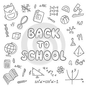 Back to school. Lettering. Linear. Black and white. Set of school elements in doodle and cartoon style.