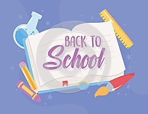 Back to school, lettering on open book with brush ruler pencil, elementary education cartoon