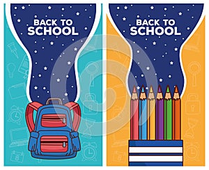 Back to school letterings with schoolbag and colors pencils