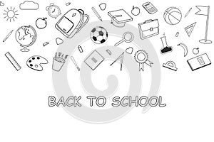 Back to School lineart background. Various school stuff supplies.
