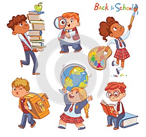 Back to school. Little children holding school stationery. Set