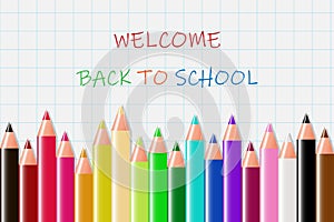Back to school message on paper with Rainbow pencils. Illustration of a set of colored pencils. Vector.